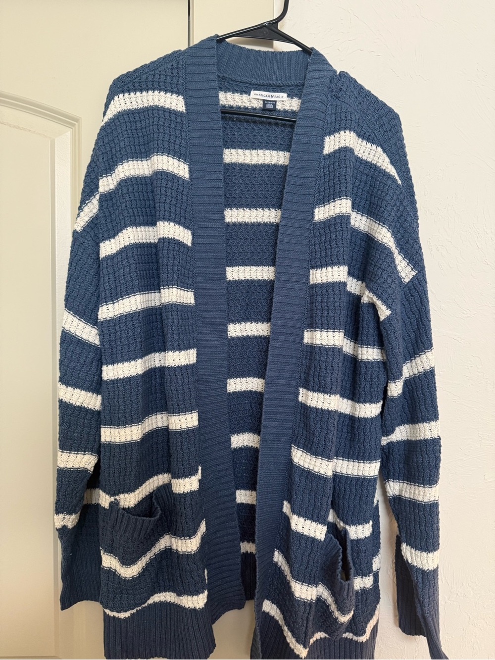 American Eagle Navy & White Striped Open-Front Knit Cardigan